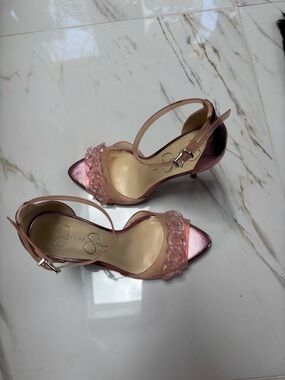 Jessica Simpson Metallic Pink Strap Heels with Chain Accent